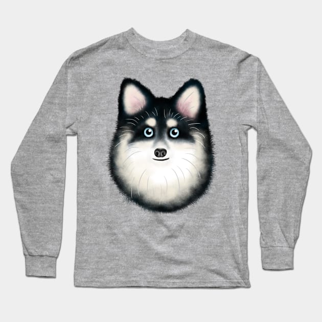 Black and White Pomsky Long Sleeve T-Shirt by illucalliart